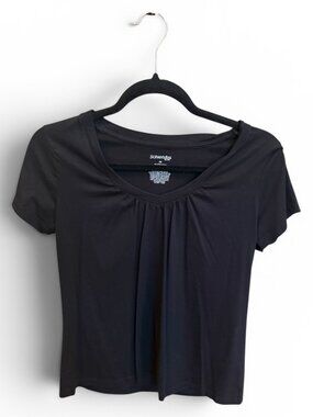 St. John's Bay Petite Medium Black Gathered V-Neck Short Sleeve Top